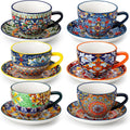 Juego de 6 tazas de capuchino Vancasso de 237 ml con platillos, tazas de cerámica bohemia para café con leche, té y espresso, aptas para microondas y lavavajillas. Tazas y platillos de porcelana para la cocina o cafetería.