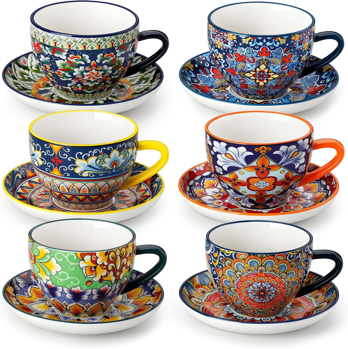 Juego de 6 tazas de capuchino Vancasso de 237 ml con platillos, tazas de cerámica bohemia para café con leche, té y espresso, aptas para microondas y lavavajillas. Tazas y platillos de porcelana para la cocina o cafetería.