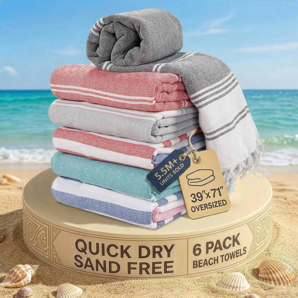 Toallas de piscina LANE LINEN, toallas de playa turcas, juego extragrande de 6, prelavadas, no encogen, toalla de viaje de secado rápido, toalla de playa elegante para mujer, toalla absorbente y que no retiene la arena, 99 x 180 cm.