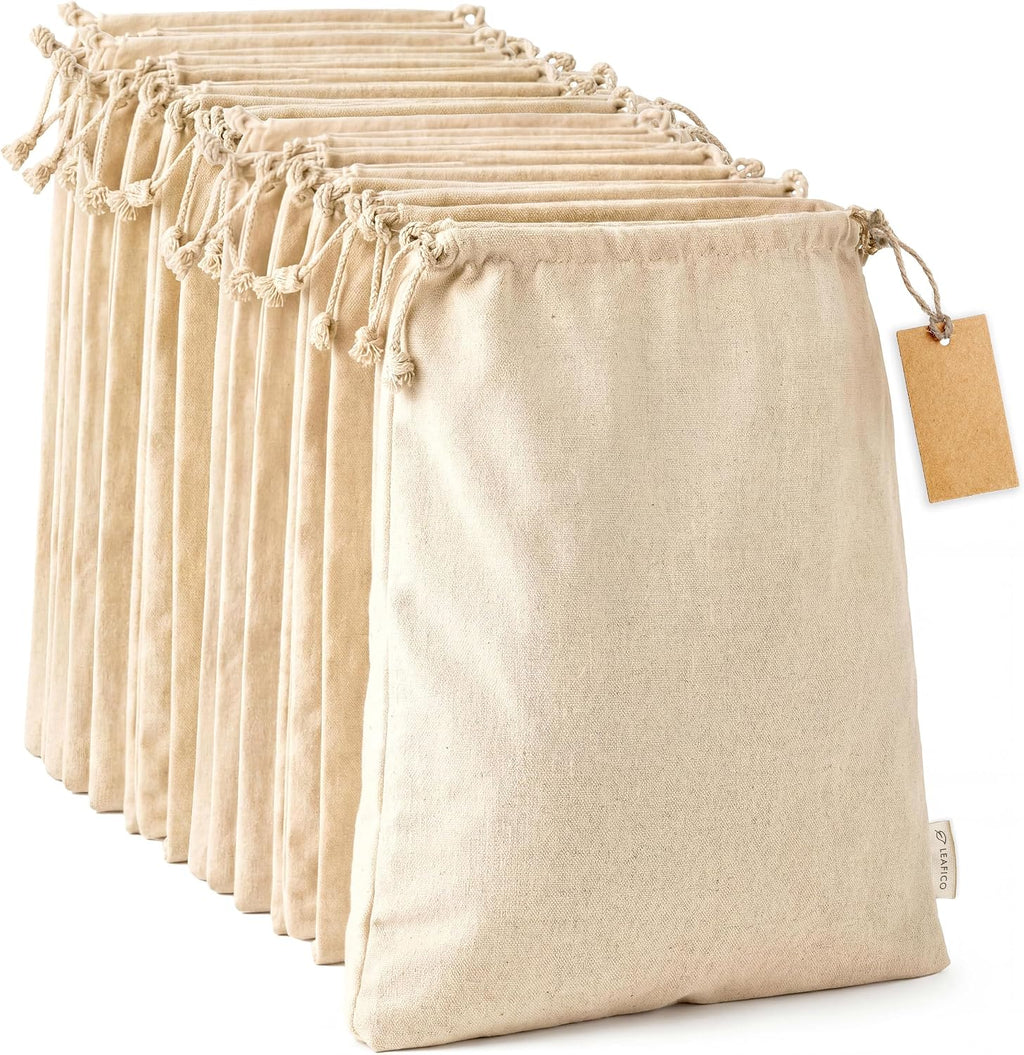 Bolsas de tela ecológicas multiusos LEAFICO - Grandes de 10x12 pulgadas (paquete de 12) - Bolsas de algodón para almacenar frutas y verduras - Bolsas de muselina con cordón para verduras - Bolsas para pan - Bolsitas de tela