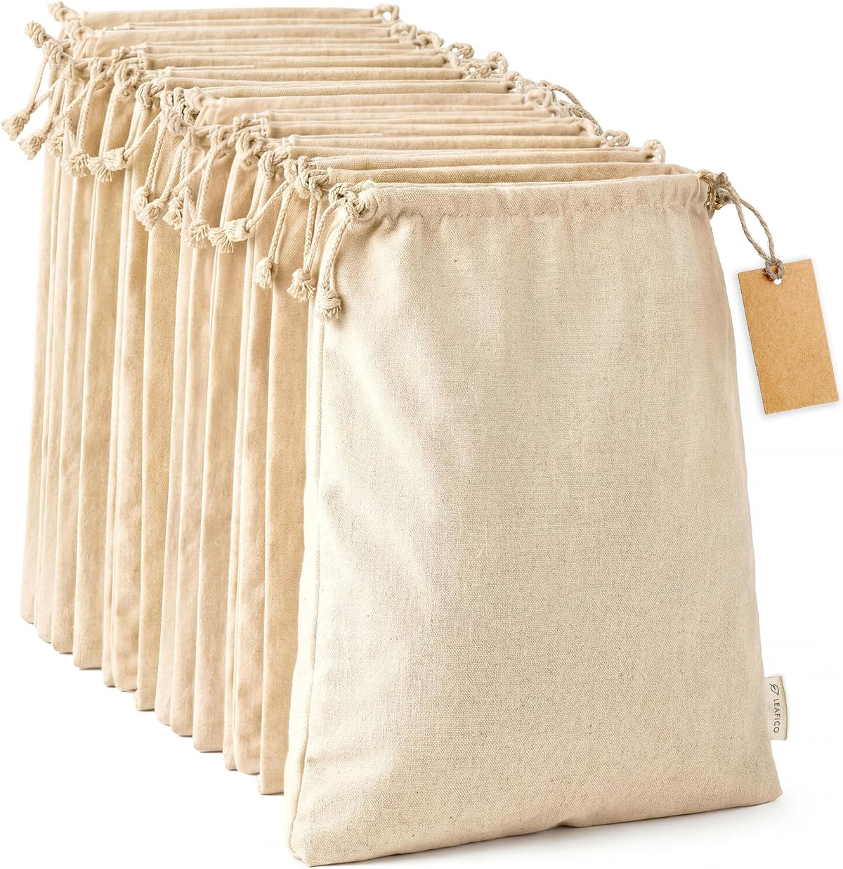 Bolsas de tela ecológicas multiusos LEAFICO - Grandes de 10x12 pulgadas (paquete de 12) - Bolsas de algodón para almacenar frutas y verduras - Bolsas de muselina con cordón para verduras - Bolsas para pan - Bolsitas de tela