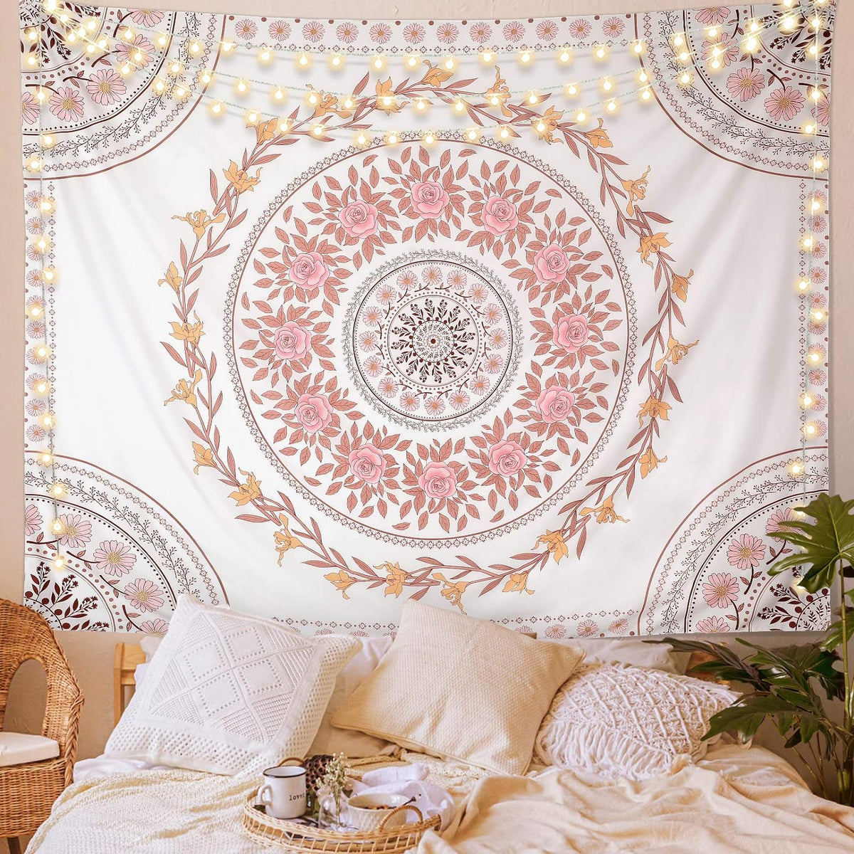 Tapiz de Pared Mandala Rosa Estilo Boho Psicodélico 71"x91" – Arte Bohemio Floral Hippie para Dormitorio, Sala de Estar y Dormitorio Universitario