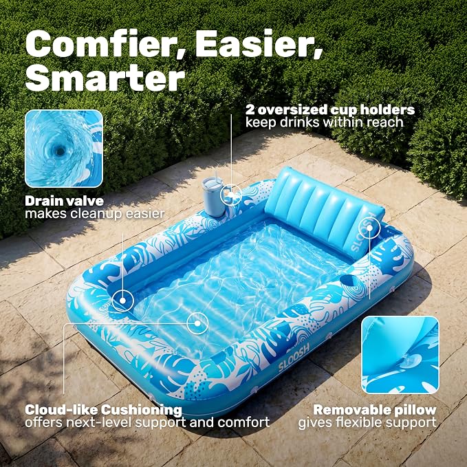 SLOOSH Flotador Inflable Extra Grande para Piscina 216x145 cm – Sofá Tumbona con Almohada 4 en 1, Azul XL