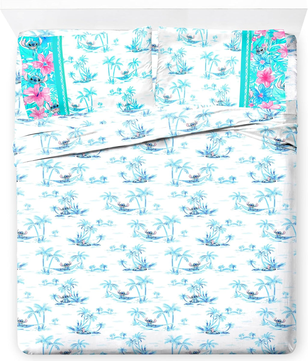 Juego de sábanas Jay Franco con sábanas ajustables, sábanas planas y funda de almohada - Ropa de cama ultrasuave con funda de almohada para decorar la habitación, blanco - Stitch, 4 piezas Full 