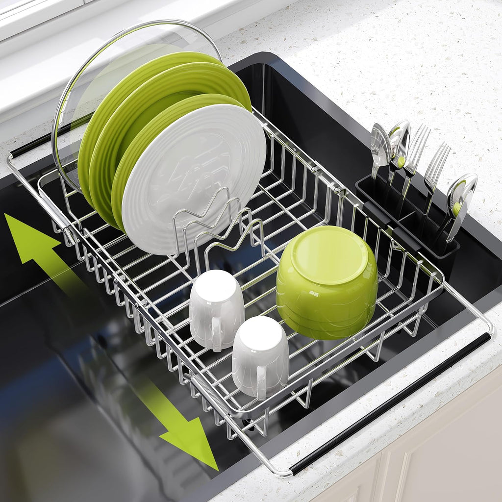 JASIWAY Dish Drying Rack in Sink, Expandable Stainless Steel Dish Drainer for Kitchen Sink, Dish Strainer Rack, Retractable Over Sink Dish Rack with Utensil Holder, 13.4''~16.9''D x 11.8''W, Silver