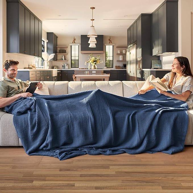Bedsure Cooling Cotton Waffle Twin XL Blanket - Lightweight Breathable Blanket of Rayon Derived from Bamboo for Hot Sleepers, Luxury Throws for Bed, Couch and Sofa, Navy, 66x90 Inches