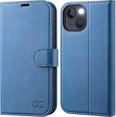 Funda Cartera OCASE Retro para iPhone 13 — Bloqueo RFID, Soporte, TPU Antigolpes, Cuero PU Flip, Azul (6.1")
