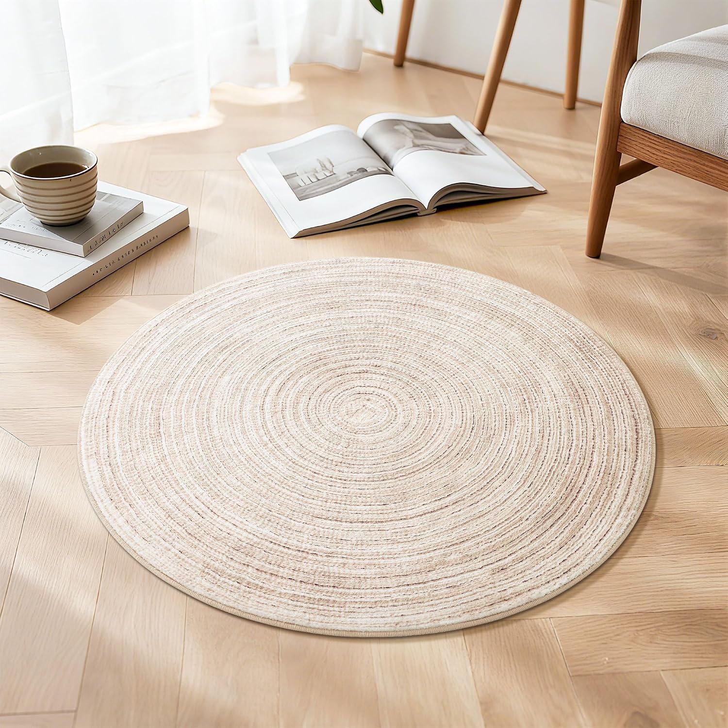 Alfombra Redonda Carvapet 3ft Estilo Yute – Lavable, Antideslizante y Resistente a Manchas para Dormitorio, Oficina y Baño