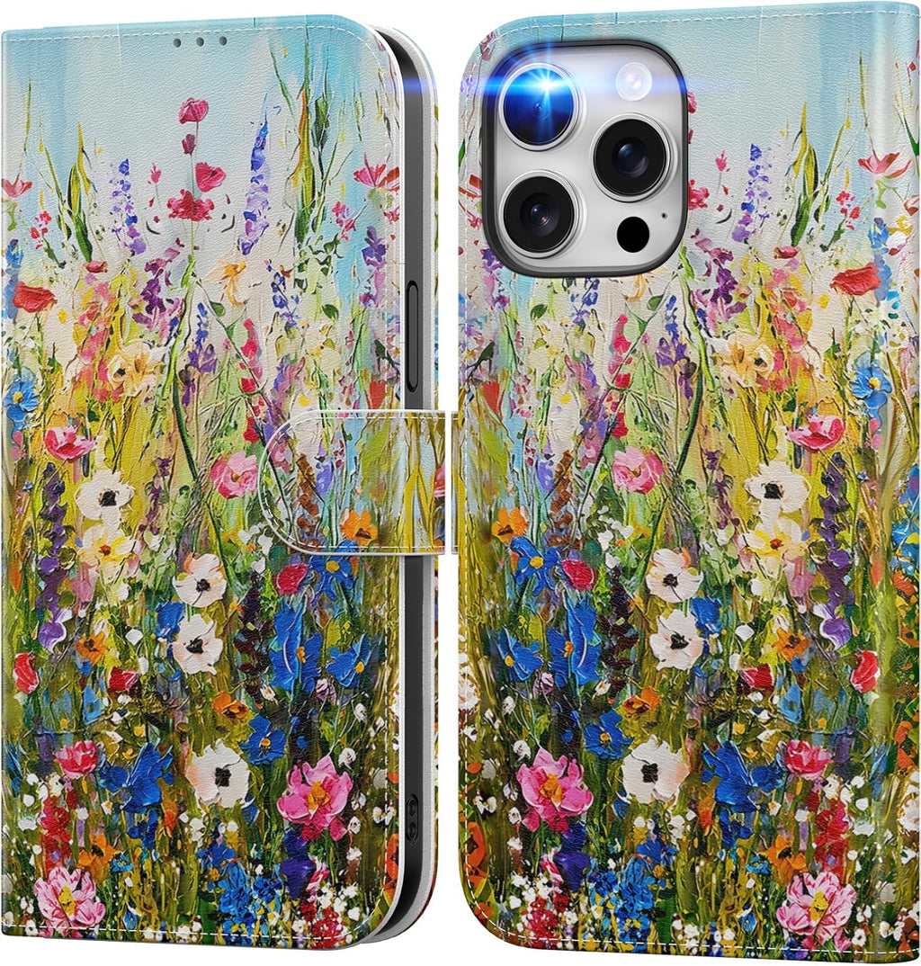 DEENAKIN Funda Cartera para iPhone 16e – Tarjetero, Bloqueo RFID, Protección Militar, Diseño Flores Silvestres