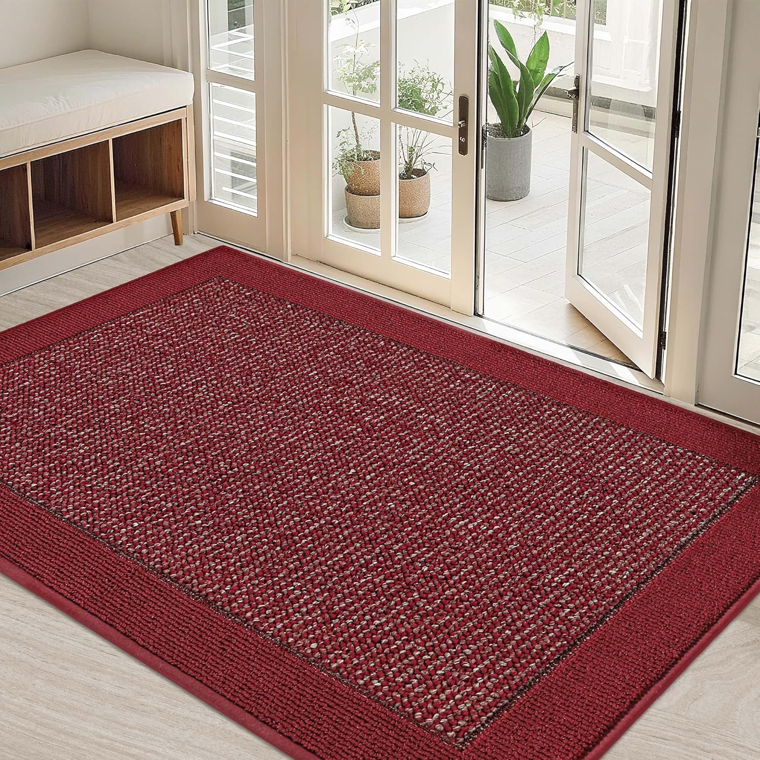 Felpudo interior BEQHAUSE de 81 x 122 cm, antideslizante, lavable, resistente a la suciedad y absorbente, de perfil bajo, para entrada y entrada, color rojo. 