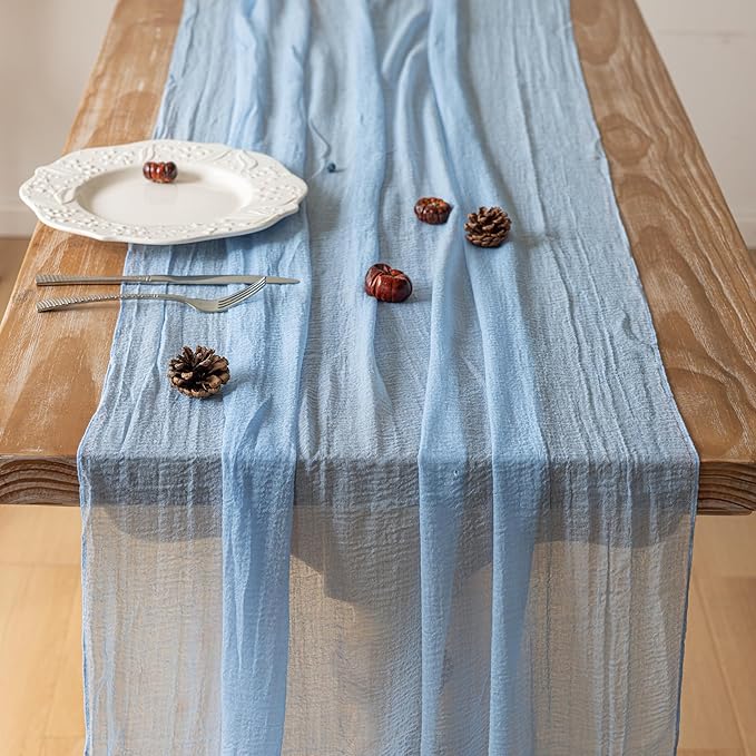 Keketoarrange - Caminos de mesa rústicos de gasa color celeste, de 120 pulgadas y 10 pies, camino de mesa de tela de queso traslúcida para decoración bohemia de hogar y celebraciones
