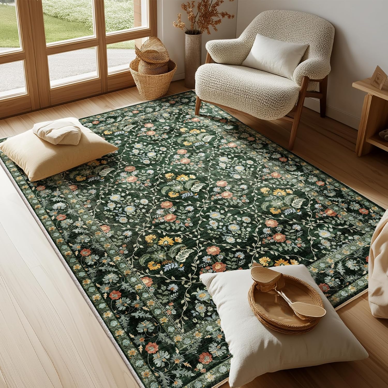 Alfombra Vintage Botánica Verde Oscuro 4x6 con Patrón Floral Elegante y Resistente a Manchas – Decoración para Sala y Dormitorio