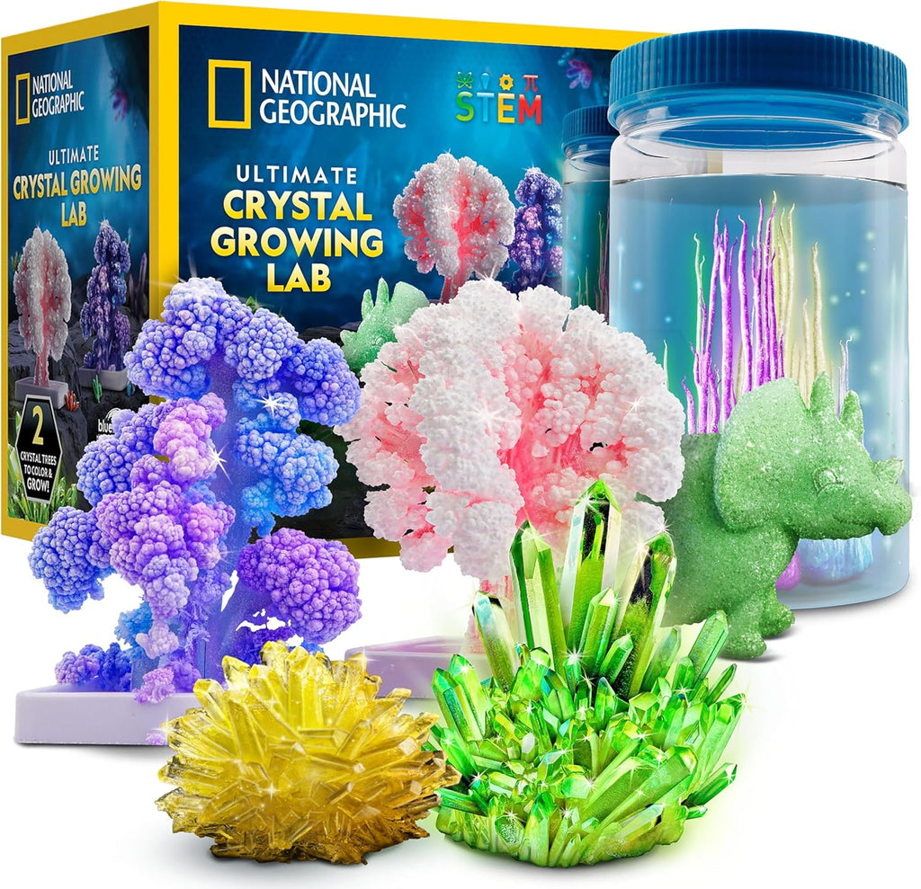 Kit de cultivo de cristales definitivo de National Geographic: cultiva 5 tipos de cristales, incluyendo cristales que brillan en la oscuridad, figuras de dinosaurio, cristales submarinos y árboles de cristal con guía de aprendizaje. Kit de ciencias STEM. 