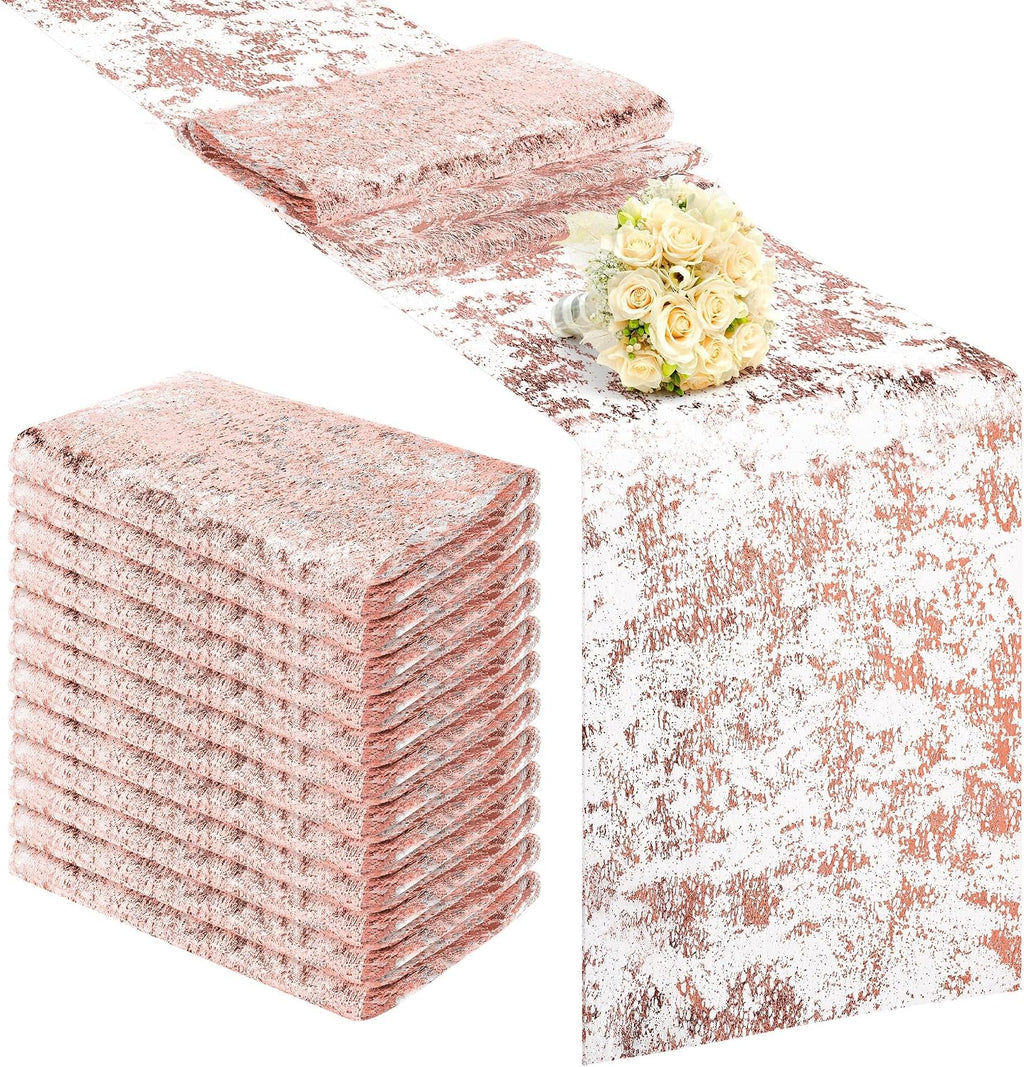 Aneco 12 piezas de camino de mesa metálico con purpurina de 84 x 11 pulgadas, caminos de mesa de malla con purpurina oro rosa, rollo de camino de mesa rectangular brillante, decoraciones para bodas, baby showers, cumpleaños, decoración del hogar DIY