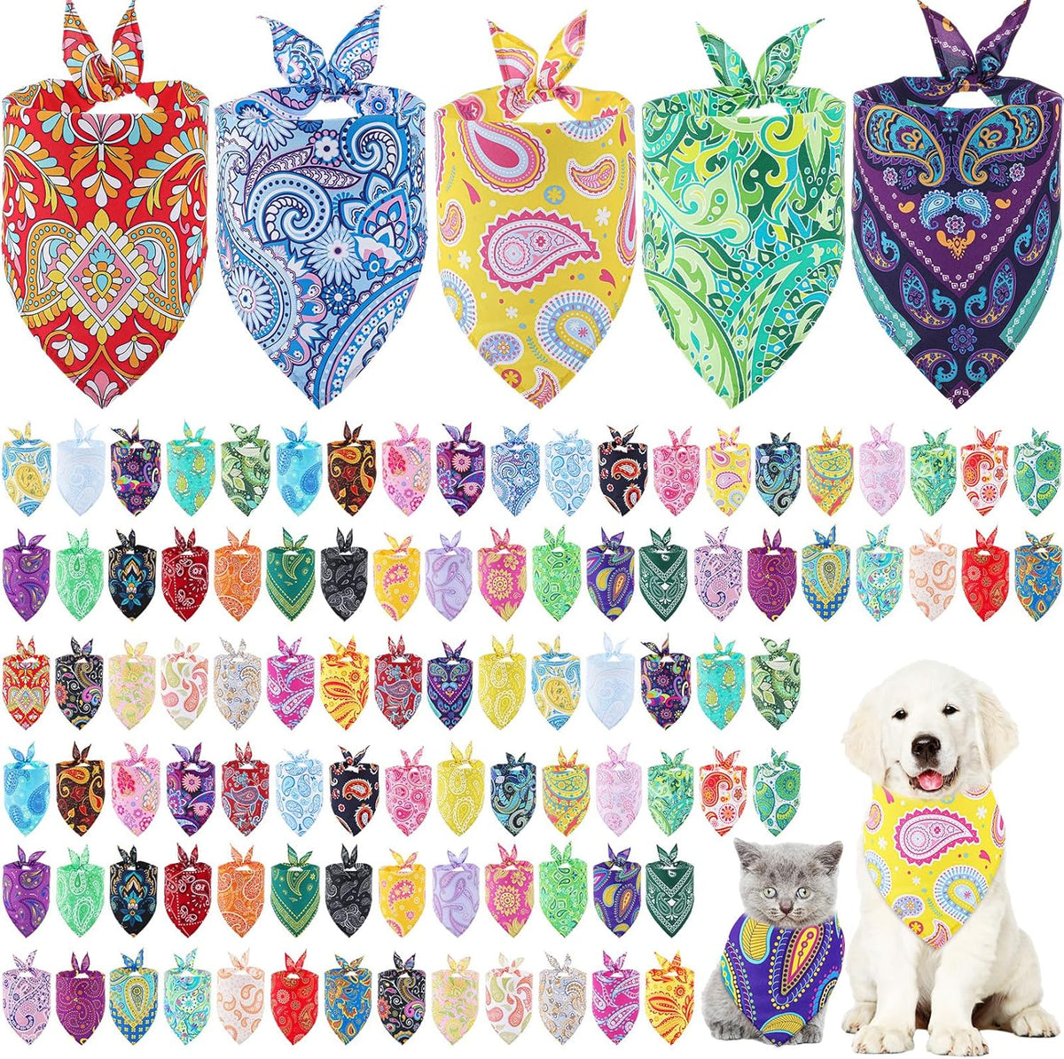 Sanwuta 100 pañuelos para perros con estampado paisley, bufandas triangulares para mascotas, baberos, pañuelos lavables para cachorros, suministros de aseo ajustables para gatos pequeños, medianos y grandes, accesorios de disfraces de temporada.