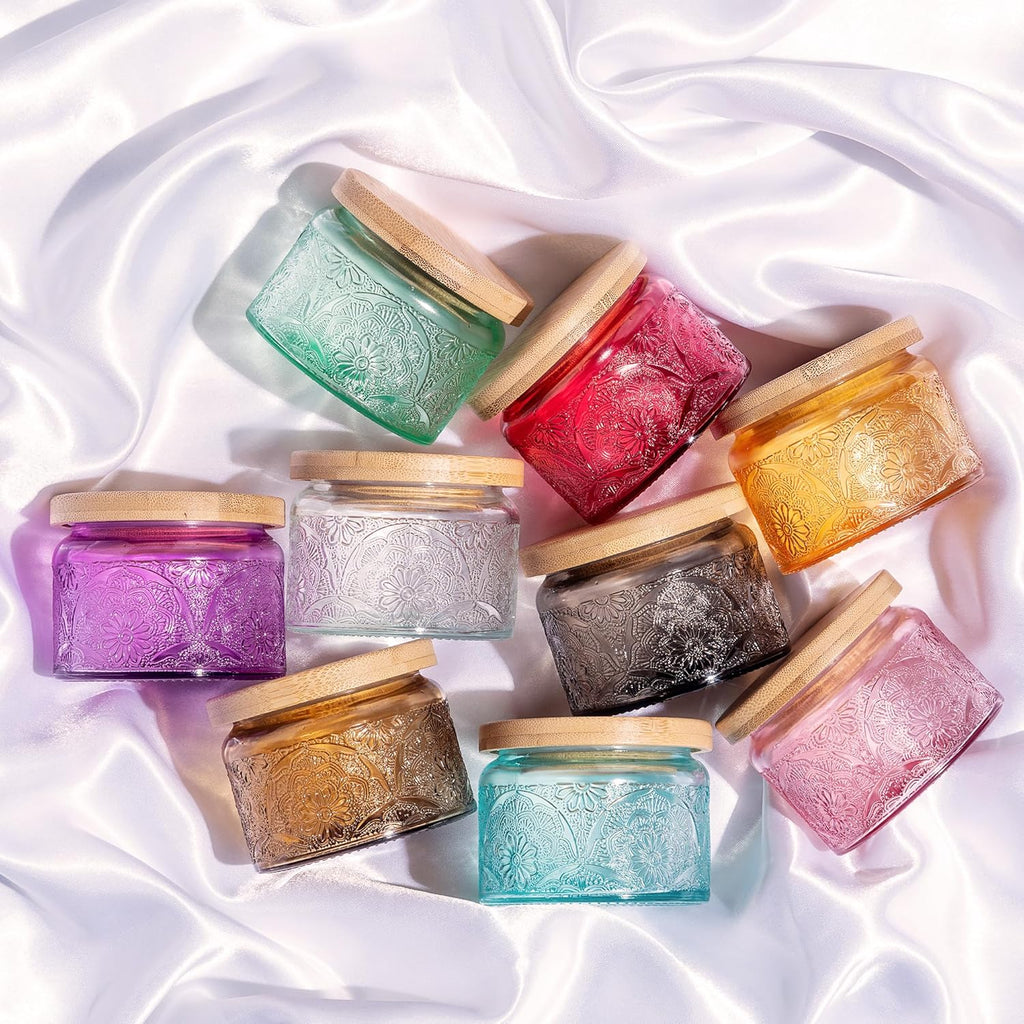 18-Pack 4oz Embossed Glass Candle Container with Bamboo Lids and Labels, Multicolor Candle Jars for Making Candles, Mandala Design