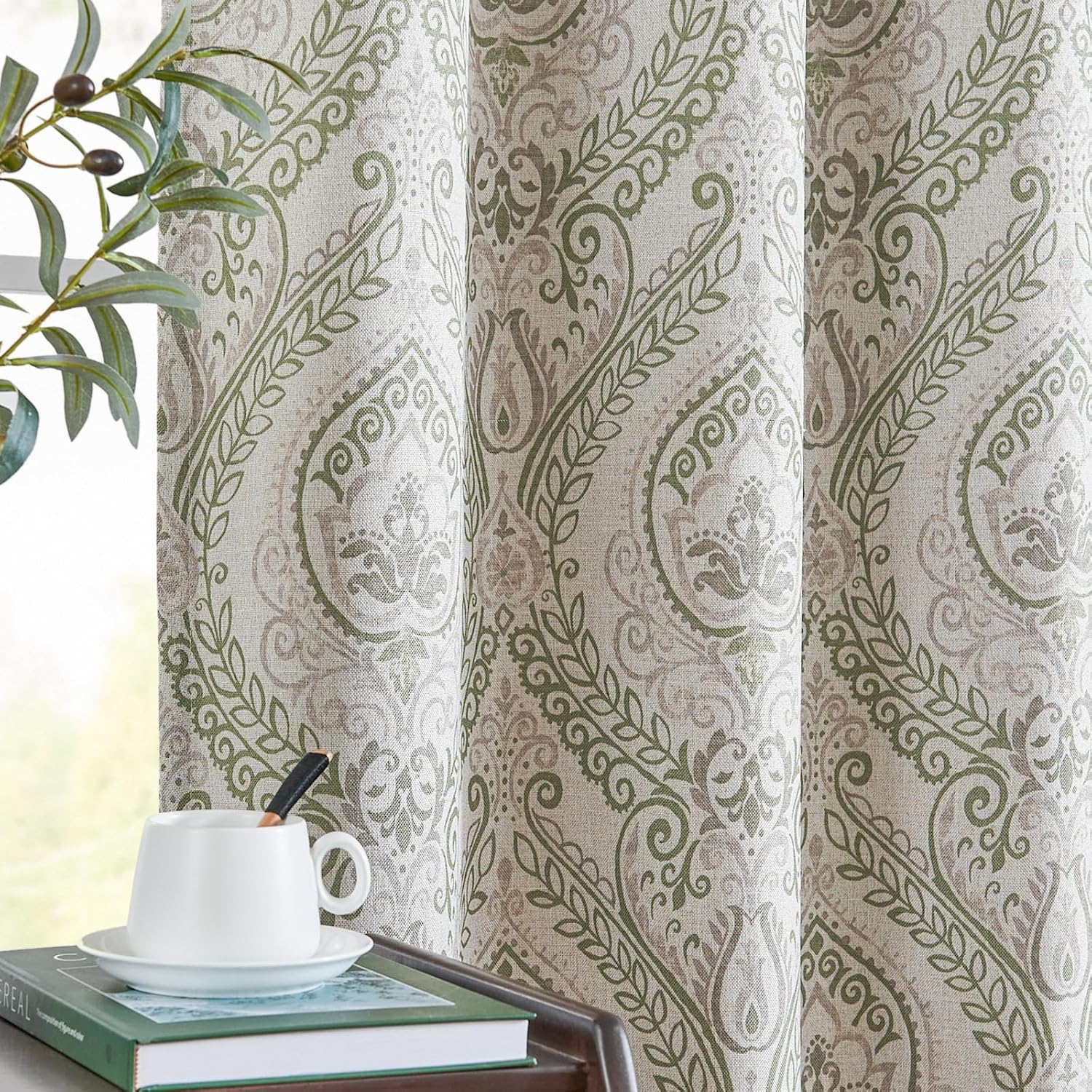 jinchan Sage Green Curtains 2 Panels - 52"x84" Room Darkening Drapes - Linen Textured Damask Medallion Pattern - Grommet Top - For Living Room, Bedroom - Vintage Window Treatments