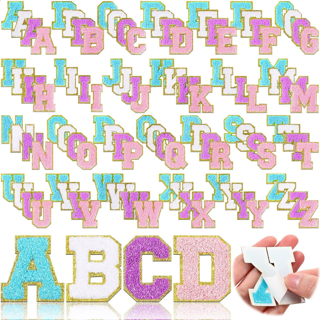 Set 104 Parches de Letras Chenille Autoadhesivas y Planchables Jutom – Blanco, Rosa, Morado y Azul para Ropa y Accesorios