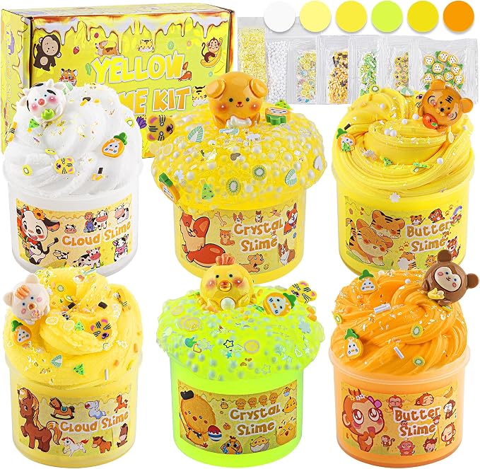 LAWOHO Juego de 6 paquetes de limo gradiente amarillo - limo transparente, de mantequilla, de nube, limo esponjoso para niños con dijes y complementos de animales, recuerdos de fiesta para niñas