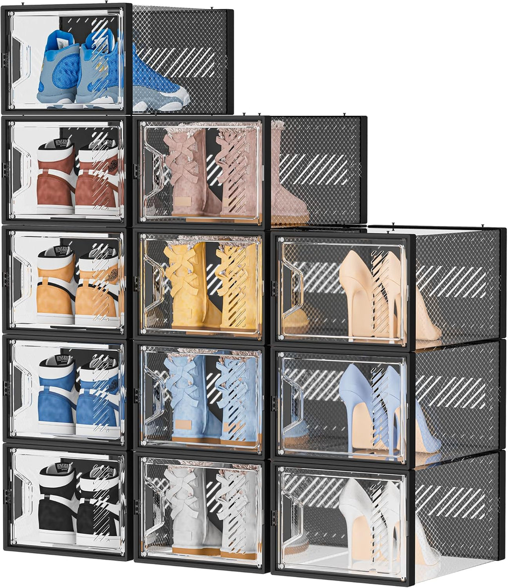 Cajas de plástico transparente apilables para guardar zapatos, paquete de 12, organizadores de zapatos extra grandes para armario, talla 13 