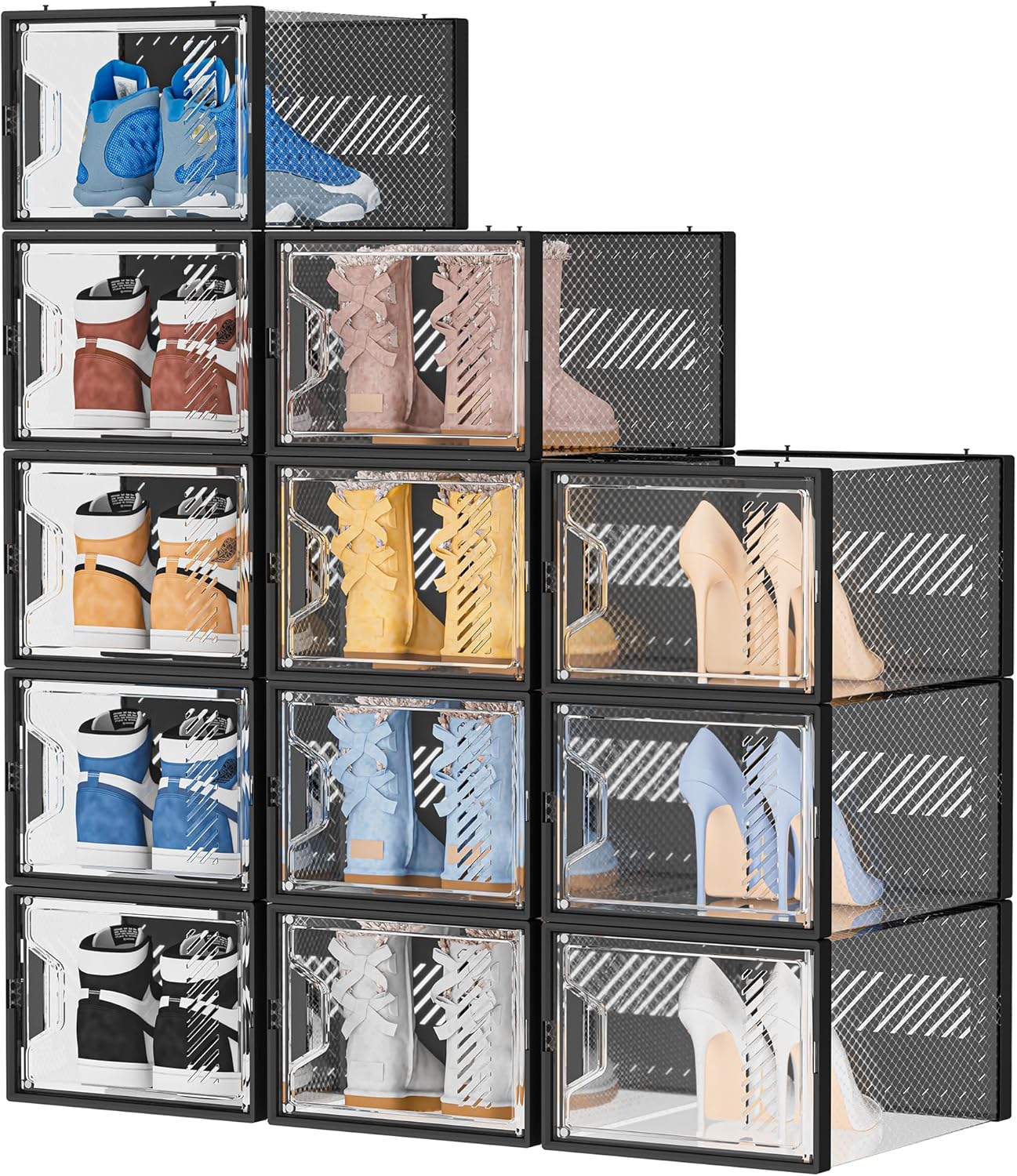 Cajas de plástico transparente apilables para guardar zapatos, paquete de 12, organizadores de zapatos extra grandes para armario, talla 13 