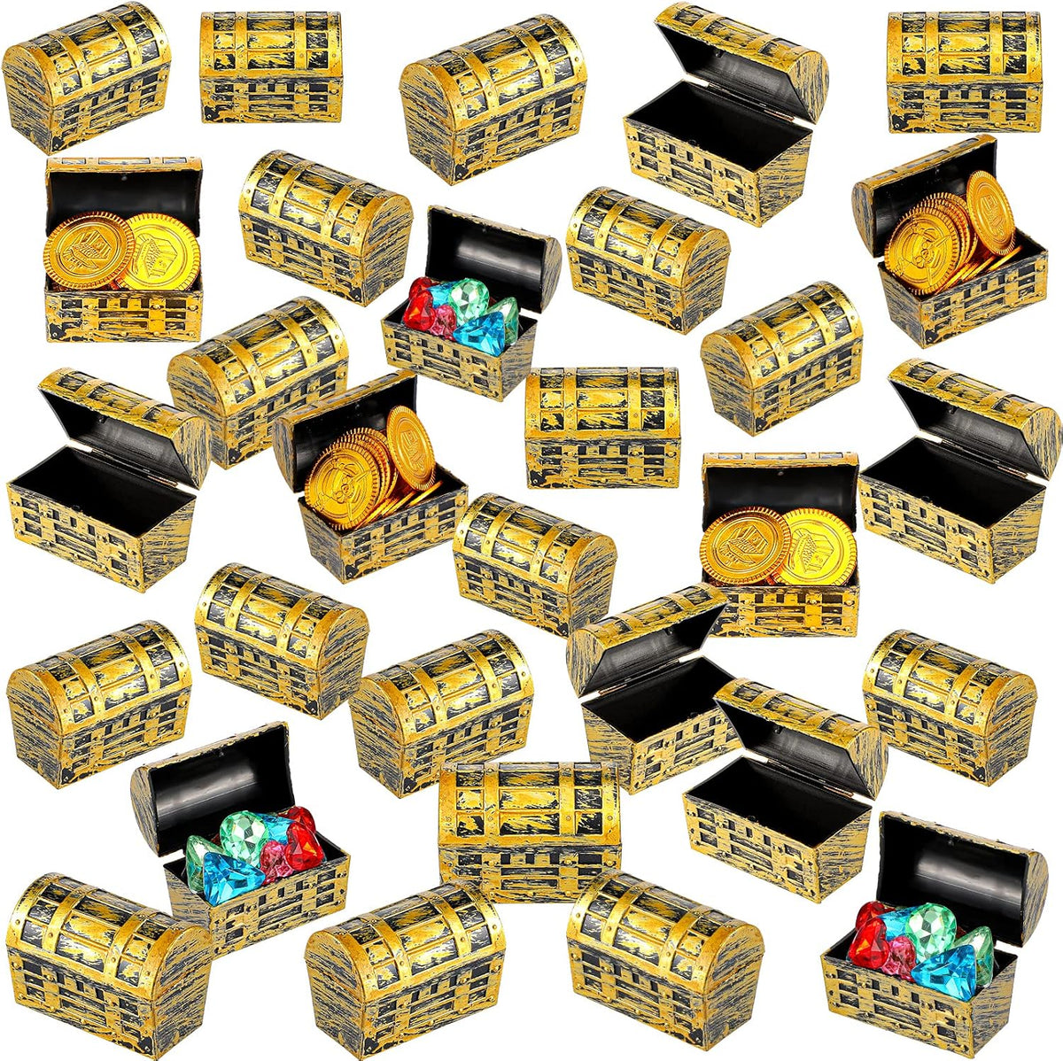 32 mini cofres del tesoro pirata de 5,8 cm (2,3 pulgadas) de plástico con acabado dorado. Caja de joyería pirata vintage para Halloween, cumpleaños, Navidad, fiestas y regalos para niños y niñas.
