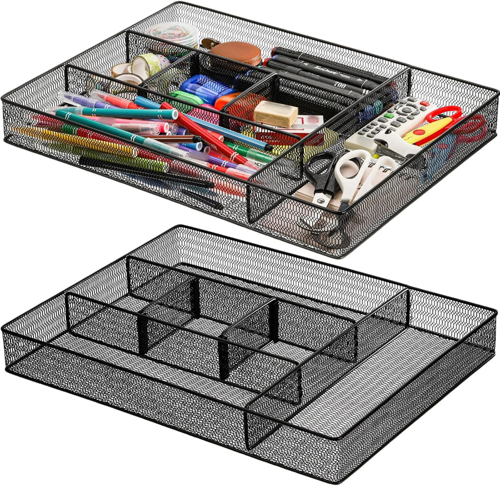 Hiceeden - Organizador de escritorio de malla (2 unidades), 40,6 x 31,1 x 5 cm, bandeja grande con 2 divisores extraíbles, 6 compartimentos metálicos para el hogar, la oficina, el maquillaje y el tocador. 