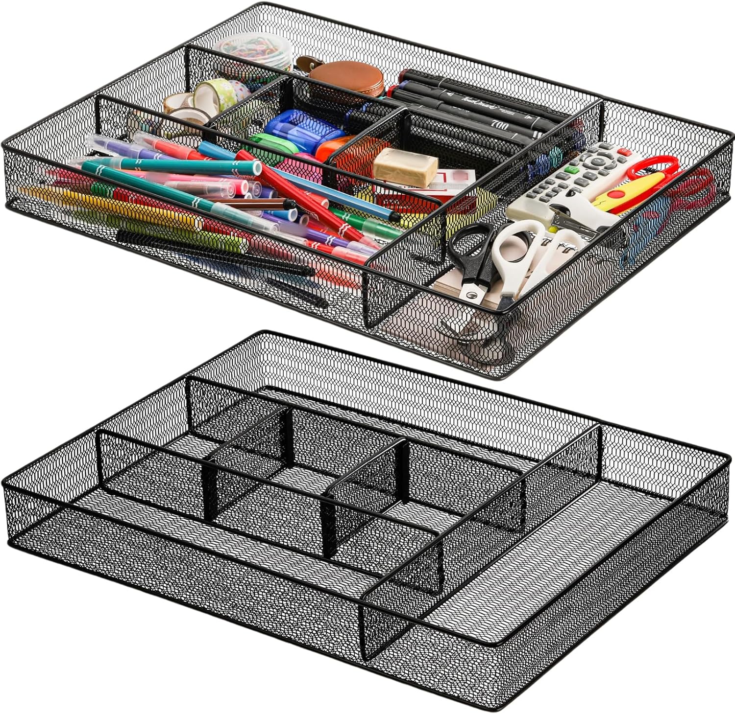 Hiceeden - Organizador de escritorio de malla (2 unidades), 40,6 x 31,1 x 5 cm, bandeja grande con 2 divisores extraíbles, 6 compartimentos metálicos para el hogar, la oficina, el maquillaje y el tocador. 
