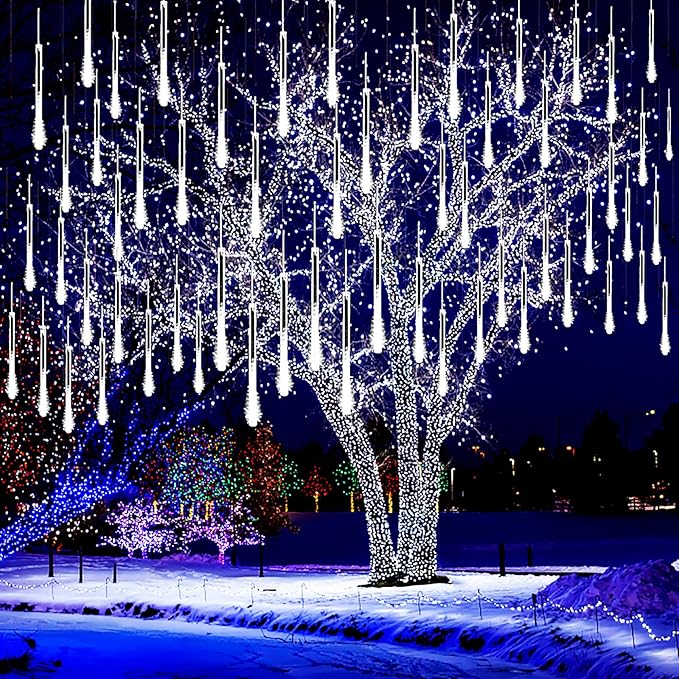 Kwaiffeo - Luces de lluvia de meteoros, para exteriores, 8 tubos de 12 pulgadas con 192 LED, efecto caída de nieve, carámbanos, cascada de luces para árbol de Navidad, decoración de Halloween, boda, fiesta