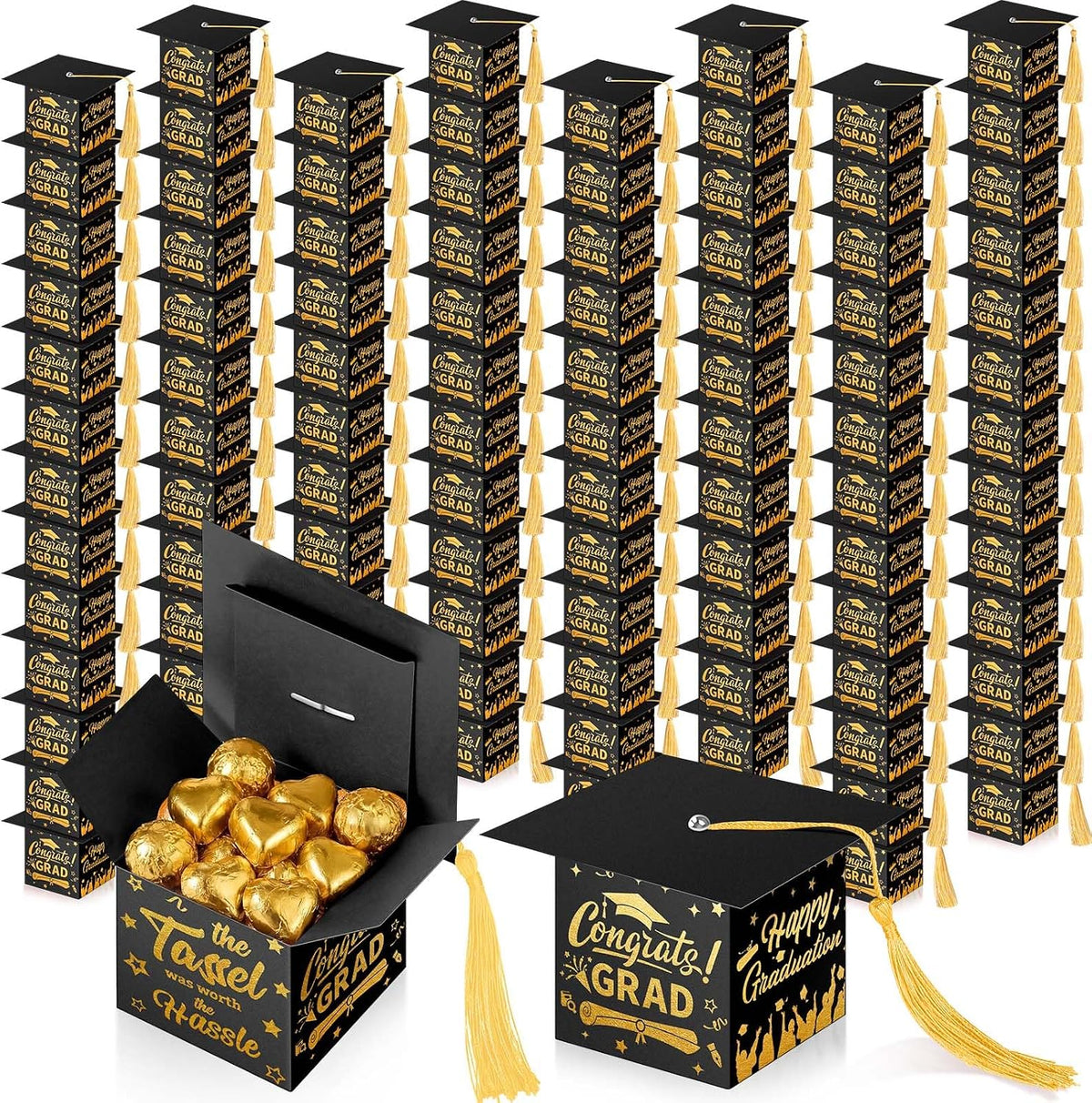 Crtiin 100 Cajas de Dulces de Graduación con Borla Recuerdos de Fiesta de Graduación 2025 Regalos Decoraciones Caja de Dulces con Gorro de Graduación para Galletas y Chocolates (Negro y Dorado)
