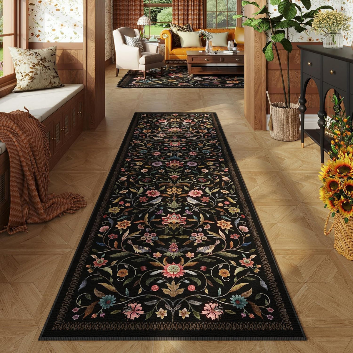 Alfombras Vowkten Vintage Medallion Floral de 9x12 para sala de estar, lavables a máquina, antideslizantes, de pelo corto y suaves, ideales para dormitorio, comedor, casa de campo, sala de juegos infantil y oficina | Negro