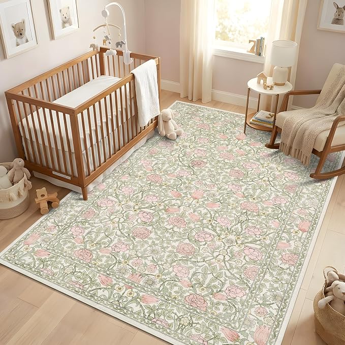 GarveeHome - Alfombra de 2,44 x 3,05 m, color rosa y verde beige, lavable, alfombra vintage con flores, alfombra boho botánica retro, alfombra de pelo bajo, resistente a manchas, antideslizante