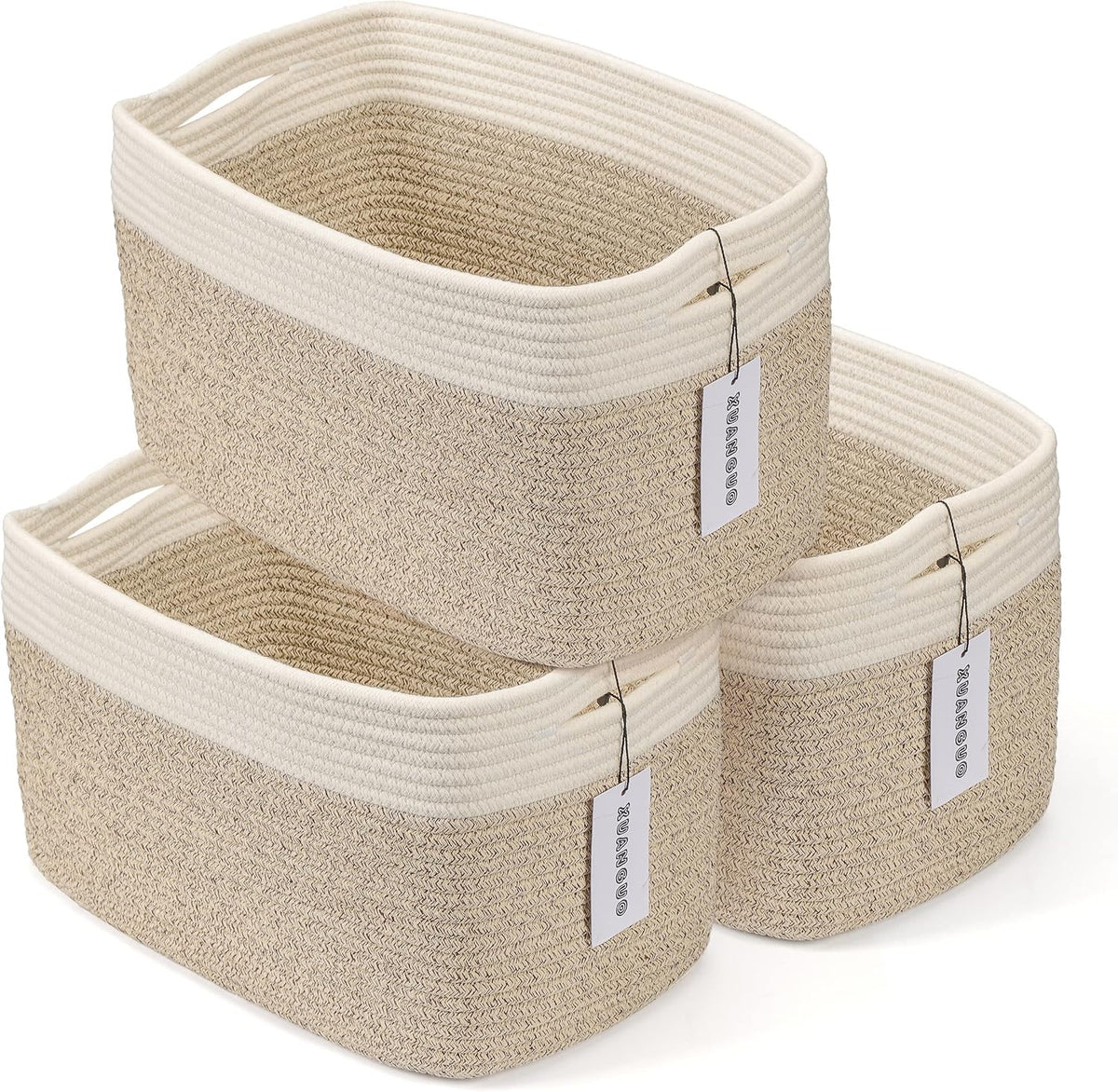 Canastas de Cuerda de Algodon Tejidas | Set de 3 Cestas Organizadoras Rectangulares 15x10x9.3 Pulgadas | Decorativas para Ropa, Juguetes y Habitacion | Blanco y Cafe