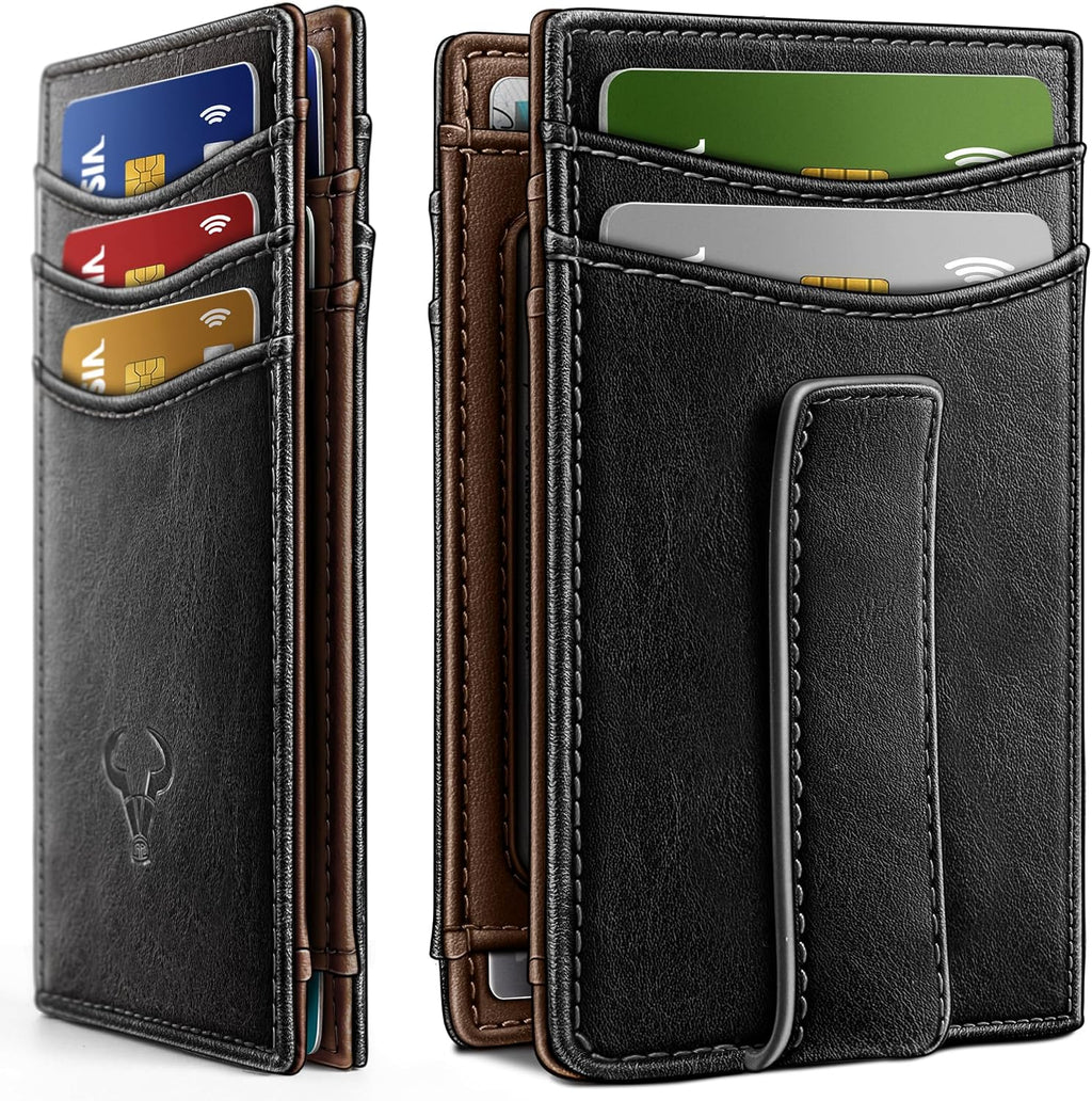 Cartera delgada BULLIANT con cierre magnético - Cartera de bolsillo frontal de cuero genuino para hombre, bloqueo RFID, capacidad para 12 tarjetas y clip para billetes.