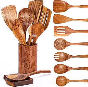 Set 9 Utensilios de Cocina Mooues de Madera de Teca Natural — Con Soporte para Cuchara, Agarre Cómodo