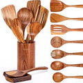 Set 9 Utensilios de Cocina Mooues de Madera de Teca Natural — Con Soporte para Cuchara, Agarre Cómodo