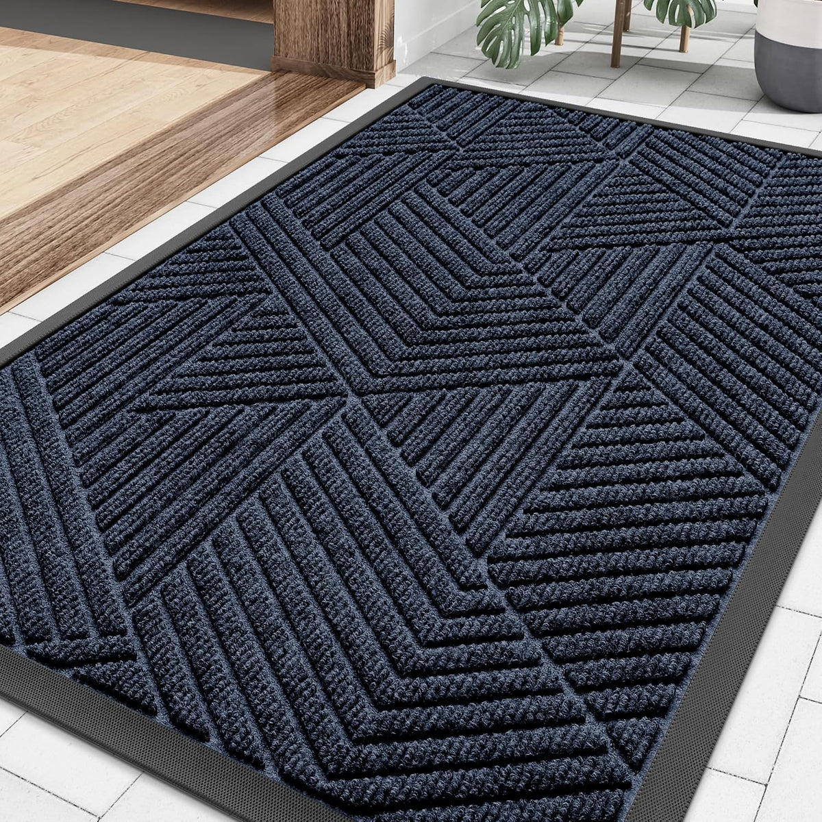 Tapete Entrada Puerta Frontal Smiry Exterior, Tapete Goma Natural Resistente Servicio Pesado Robusto, Atrapa Suciedad y Humedad, Fácil Limpieza Tapetes Perfil Bajo para Entrada Interior Exterior, Triángulo Irregular (75x43 cm, Azul Marino)