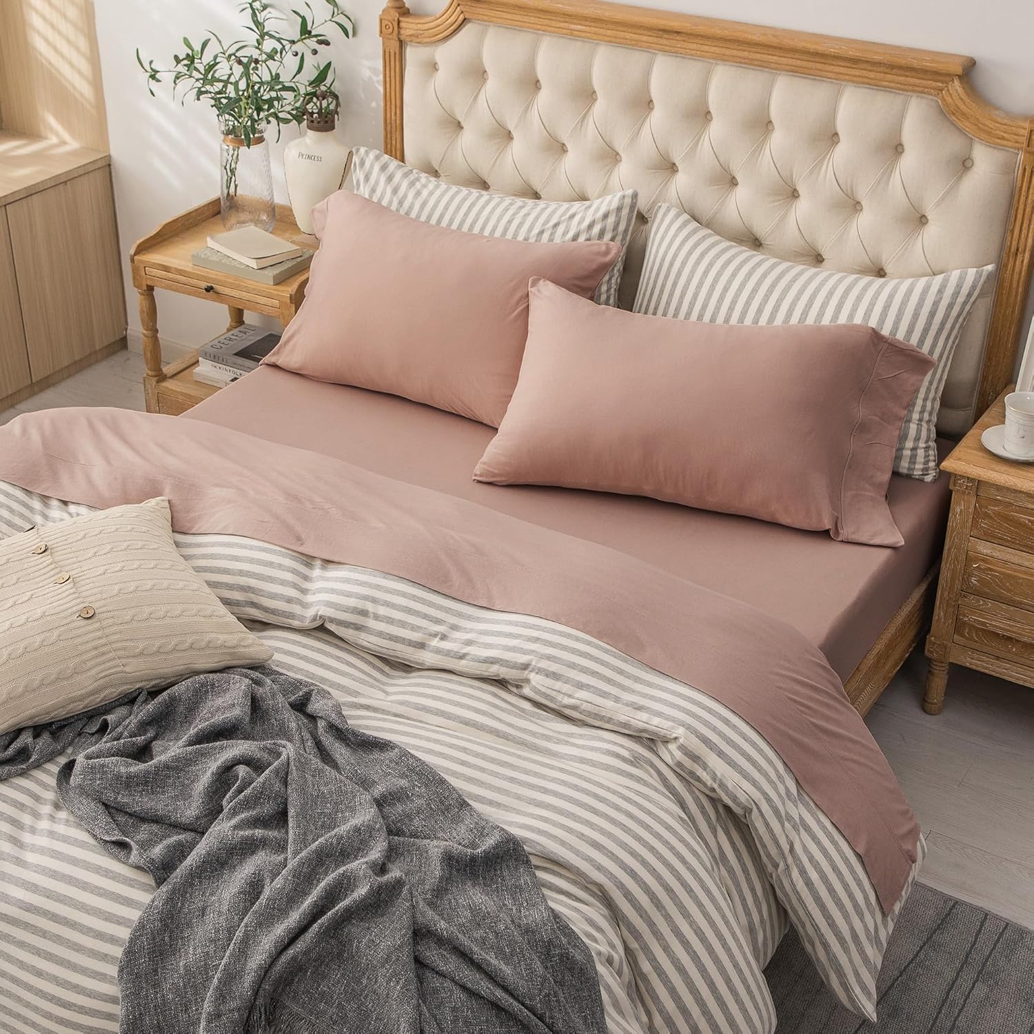 PURE ERA Jersey Knit 4pc Bed Sheet Set 100% T-Shirt Cotton Super Soft Comfy Breathable Fits Mattress Up to 20" Extra Deep Pocket (Solid Petal Pink, King)