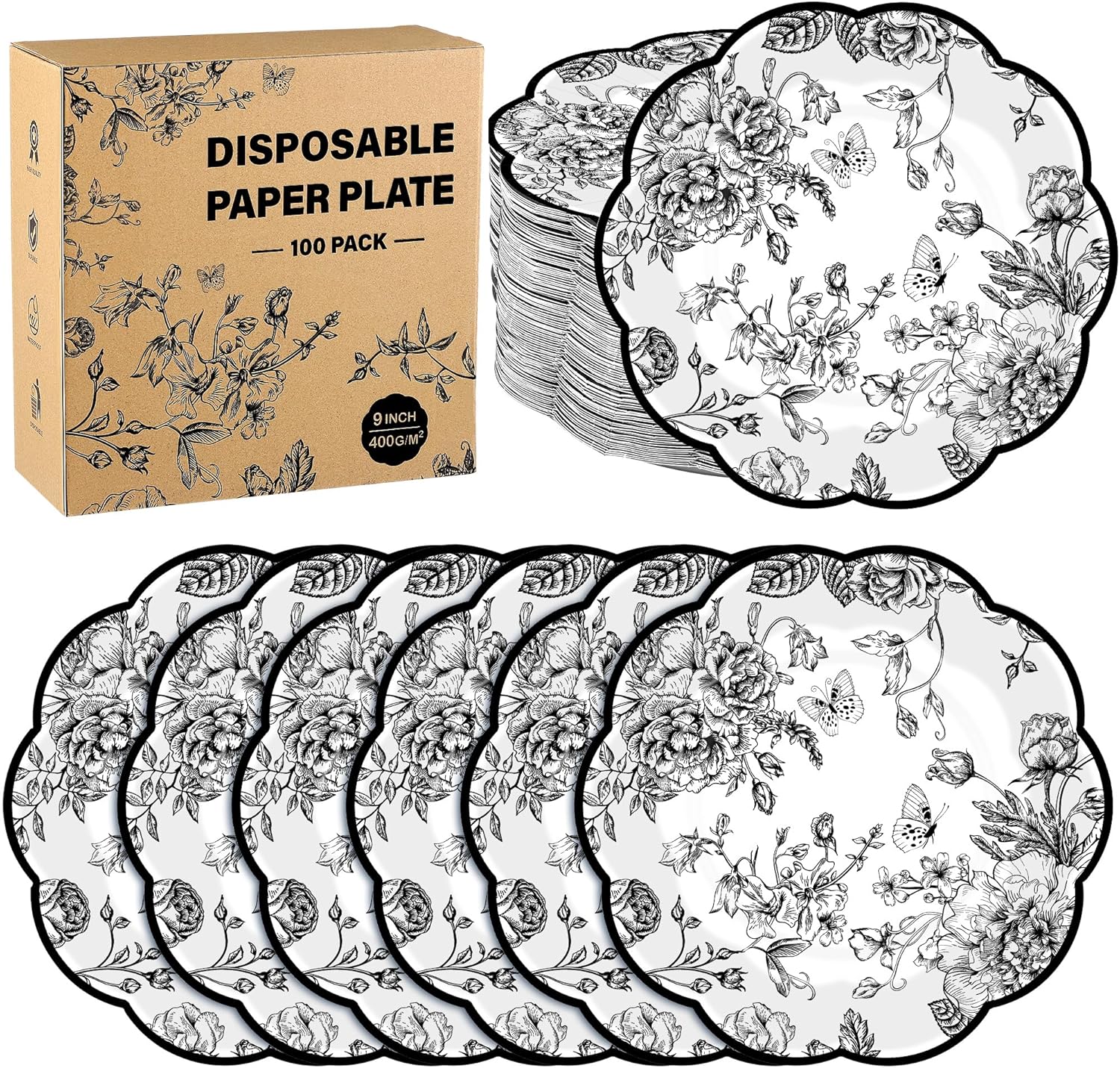 Platos Desechables Floral Negro y Blanco 9" – 100 Piezas Vintage con Borde Festoneado | Kochorie