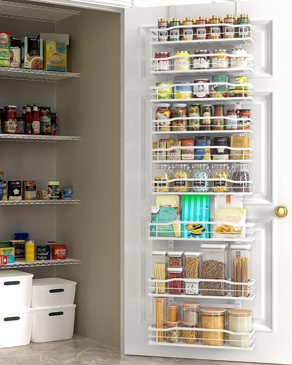 Organizador de despensa Moforoco blanco de 9 niveles para colgar sobre la puerta, organización y almacenamiento de despensa, estantes metálicos colgantes para especias, artículos esenciales para el hogar y la cocina
