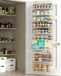 Organizador de despensa Moforoco blanco de 9 niveles para colgar sobre la puerta, organización y almacenamiento de despensa, estantes metálicos colgantes para especias, artículos esenciales para el hogar y la cocina