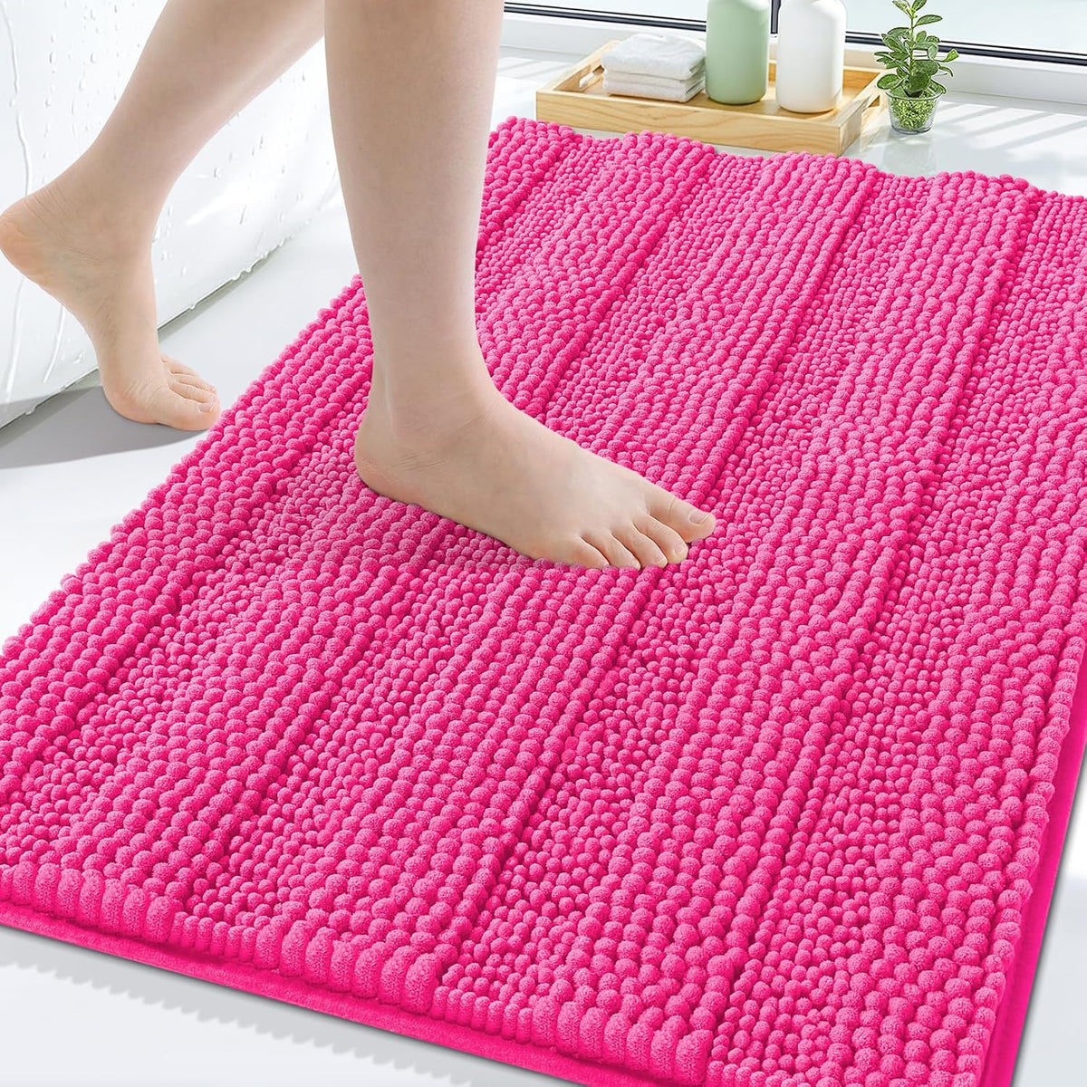 Alfombras de baño Grandaily de chenilla a rayas de 30x20, extra gruesas y absorbentes, antideslizantes, suaves y mullidas, aptas para lavadora y secadora, alfombras de baño (tamaño mediano, rosa intenso).