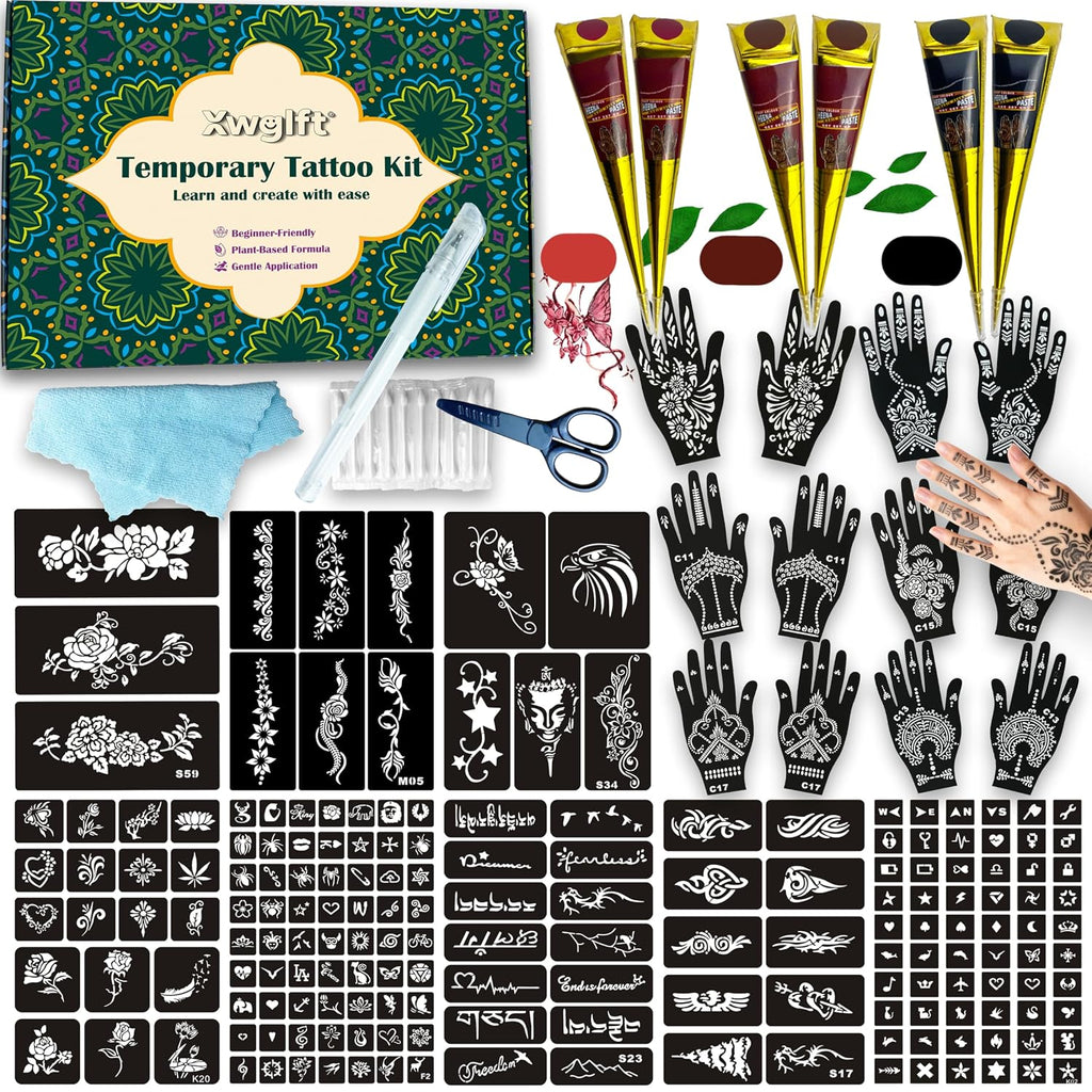 Kit de Tatuajes Temporales 191 Piezas | 6 Conos de Tinta + Lapiz de Contorno | Set de Arte Corporal DIY Resistente al Agua
