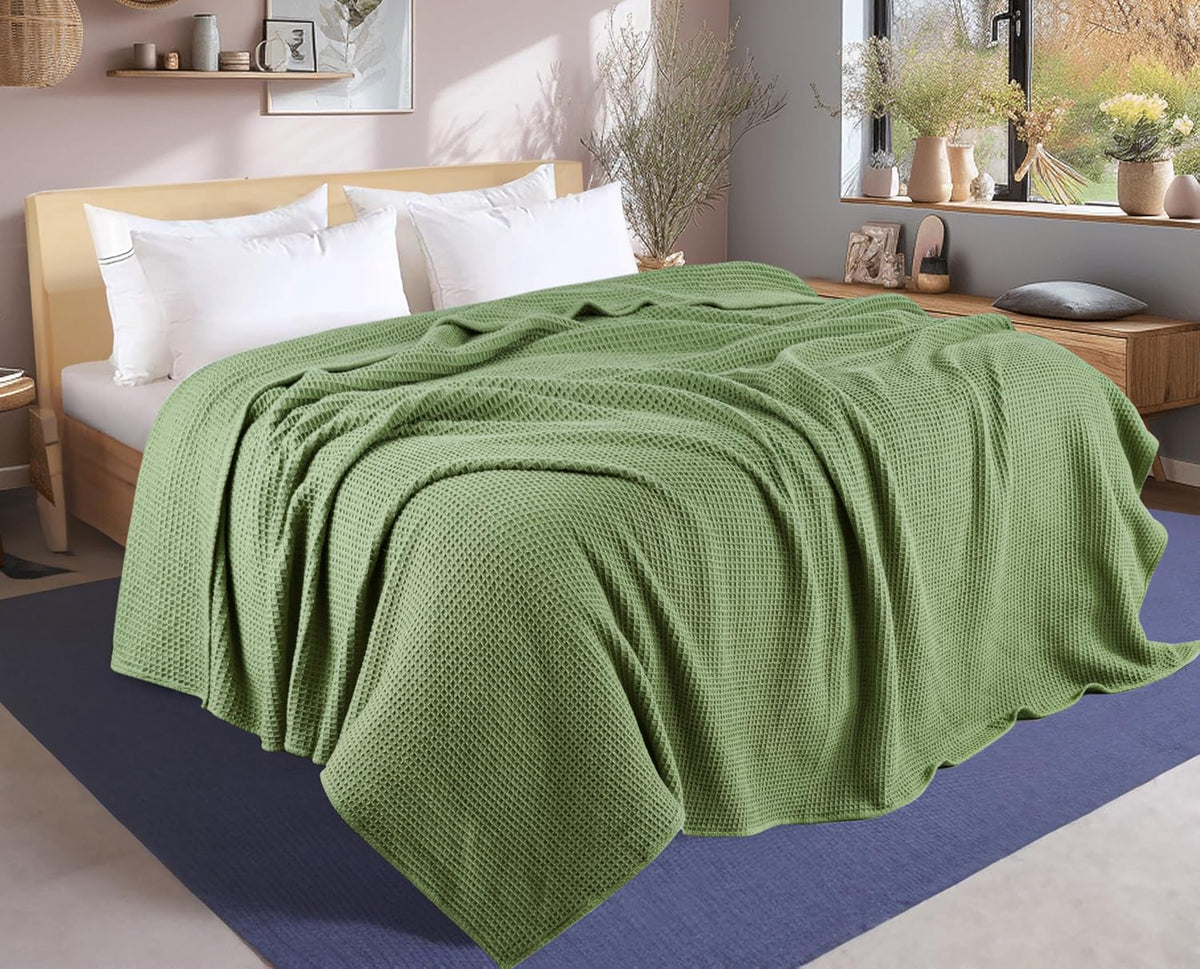 Tex Trend - Manta de algodón 100 % natural, tejido de gofre, agradable al tacto, suave y transpirable, cómoda y acogedora, tamaño King de 90 x 108 pulgadas, color verde salvia