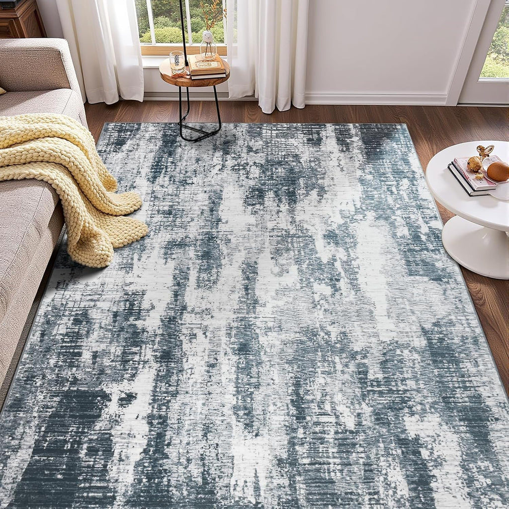 Alfombra Moderna Abstracta Enqinar 0.91 x 1.52 metros, Alfombra Gris Suave para Entrada, Alfombra de Área Lavable a Máquina Antideslizante para Dormitorio, Pila Baja Resistente a Manchas, Gris Blanco