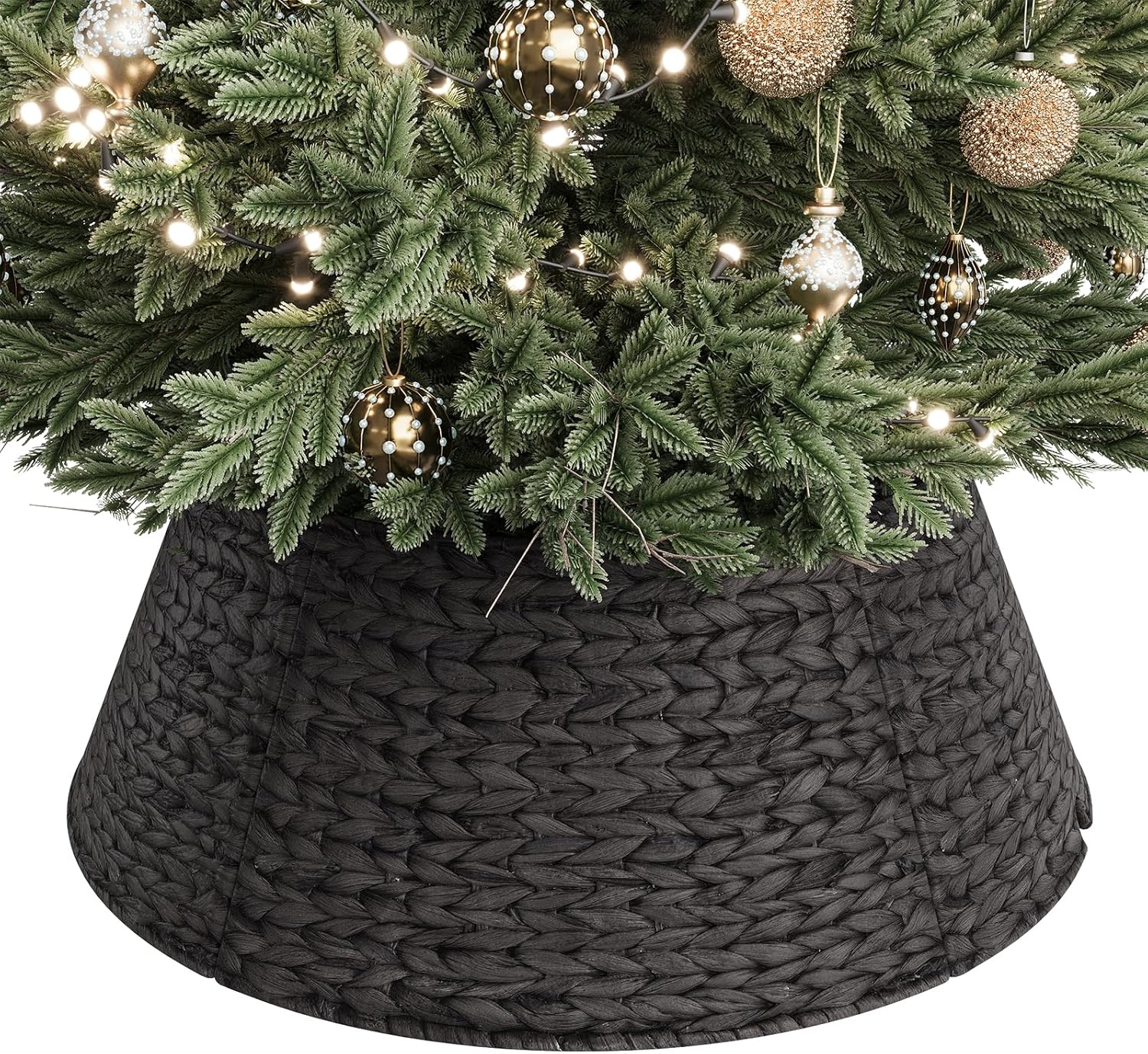 Collar de Árbol Navideño ELYKEN | Ratán Tejido 28" con Corte para Cables — Negro