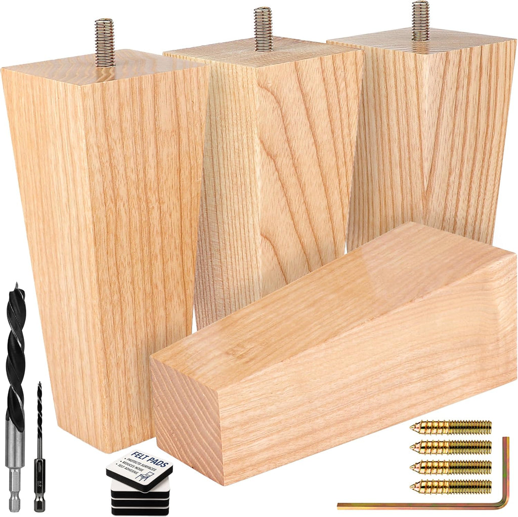 Airy Abode Patas de Muebles Cuadradas de Madera de Fresno Premium | Kit de Instalacion Completo, Elige Tamano y Color