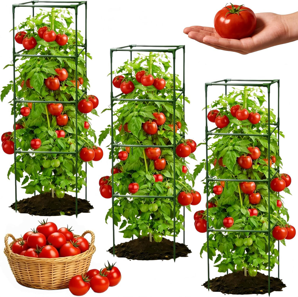 Paquete de 3 jaulas cuadradas para tomates para jardín, enrejado de metal resistente de 150 cm de altura para plantas de tomate, estacas grandes ajustables para tomates para macetas de exterior, plantas trepadoras, verduras, pepinos.