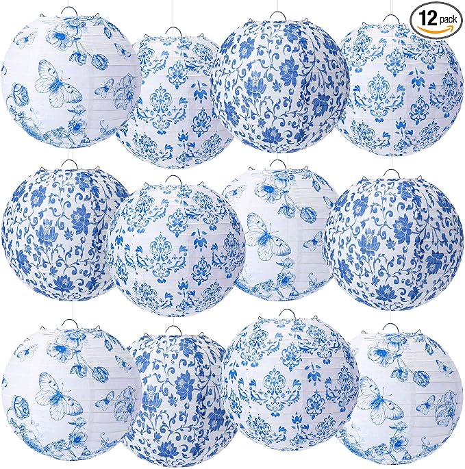12 linternas de papel chinoiserie para decoración de fiesta, faroles redondos de 10 pulgadas, decoración de papel colgante para decoración floral azul para interiores y exteriores, suministros