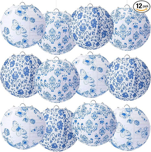 12 linternas de papel chinoiserie para decoración de fiesta, faroles redondos de 10 pulgadas, decoración de papel colgante para decoración floral azul para interiores y exteriores, suministros